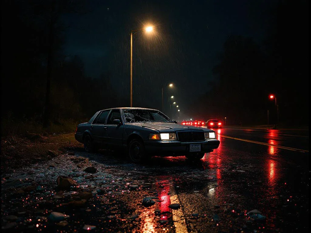 Damaged car with cracked windshield and dented bumper abandoned on wet nighttime street under streetlamp with scattered glass