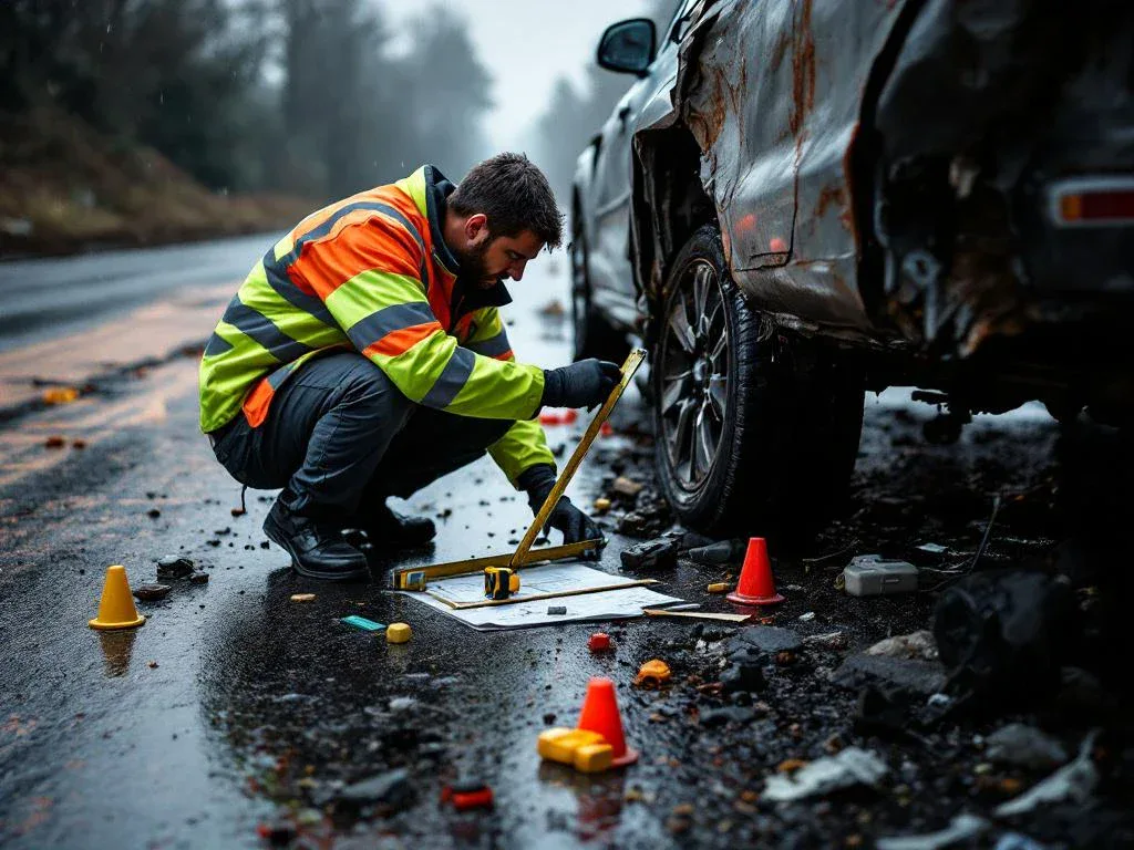 Accident reconstructionist in high-visibility jacket measuring tire marks and debris at crash scene on wet asphalt.