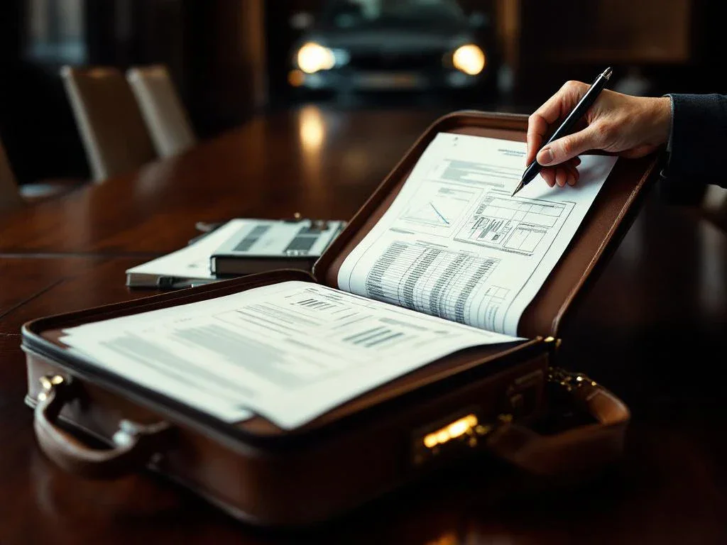 Open leather briefcase on conference table with organized technical documents and accident reports, damaged car bumper in background.