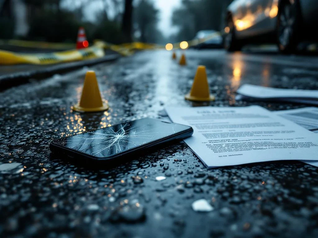 Cracked smartphone and scattered legal documents on wet asphalt at car accident scene with police investigation tape