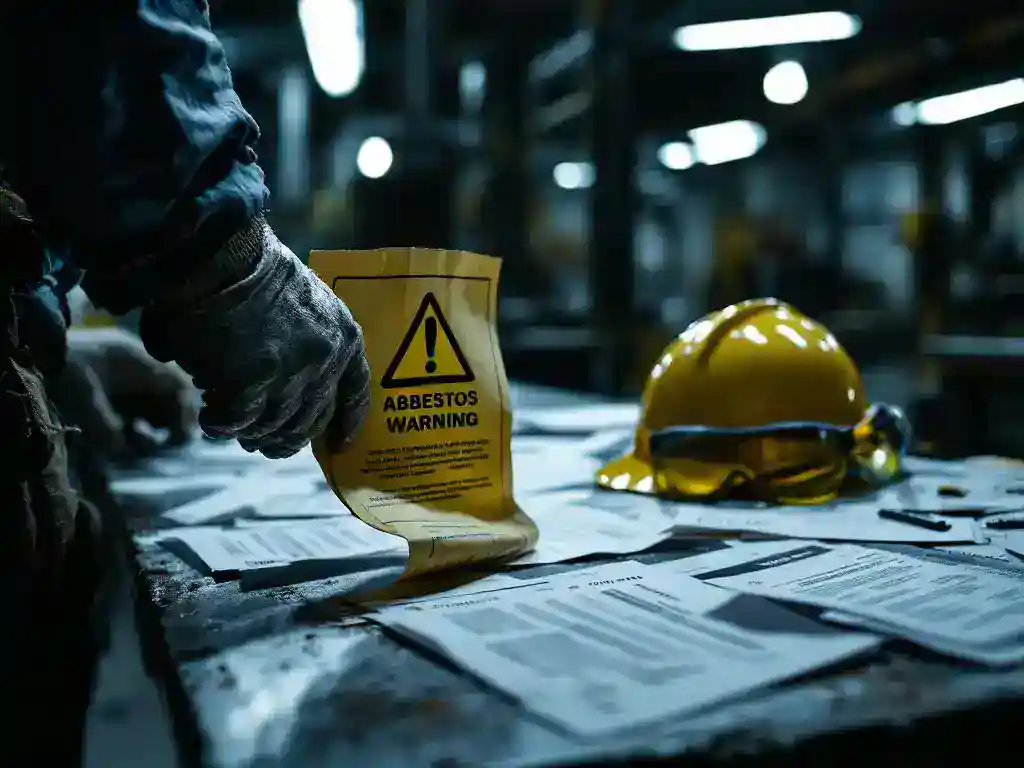 Construction worker's weathered hand holding crumpled asbestos warning notice with safety violation reports and hard hat on workbench