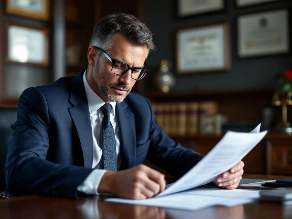 Attorney in navy suit reviewing car accident case file at desk with legal diplomas visible on office wall behind