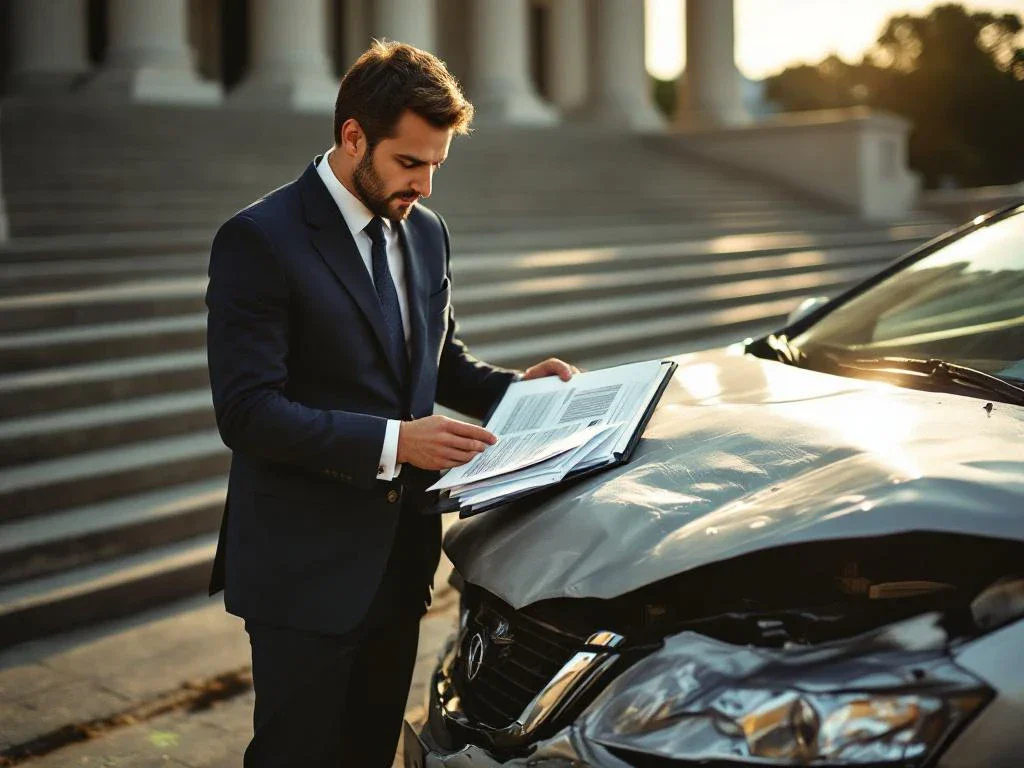 Attorney in navy suit examining car accident documents beside damaged silver sedan with courthouse steps in background