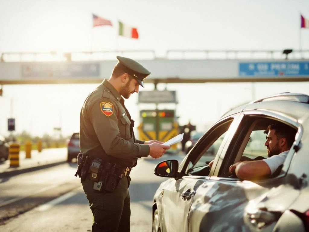 Border patrol officer handing paperwork to driver of damaged car at international checkpoint with flags and gates