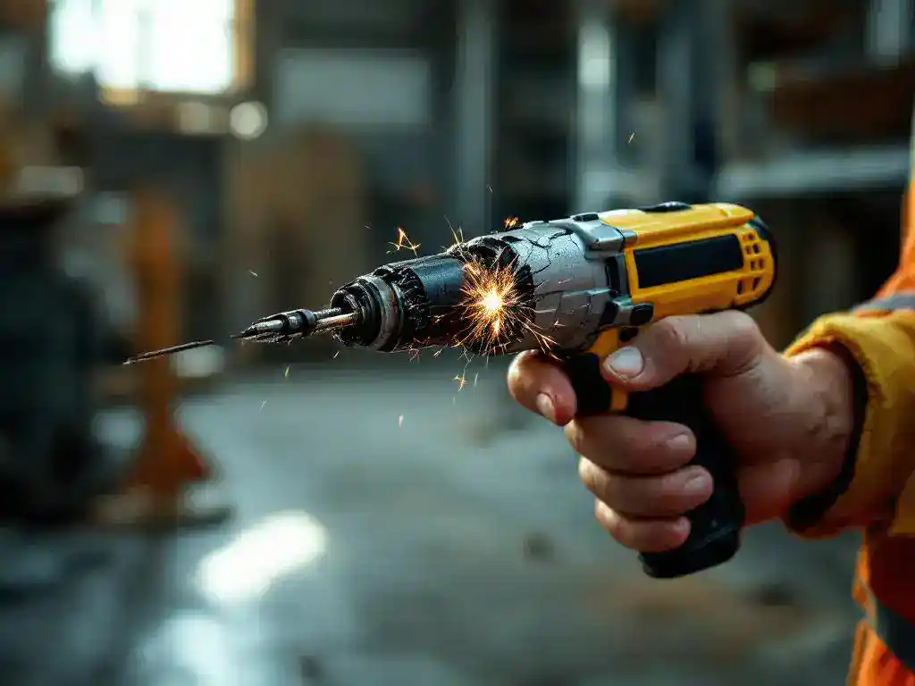 Construction worker holding damaged power drill with cracked housing and visible sparks in industrial workshop setting.