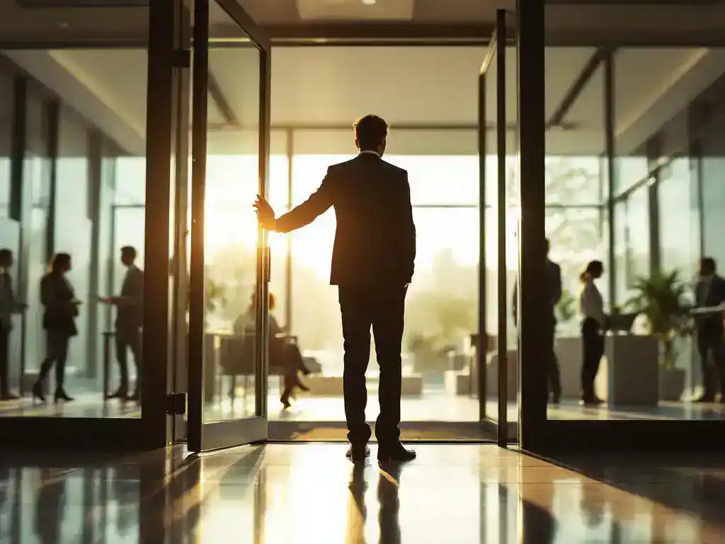 Business professional hesitating at office building entrance, hand reaching for glass door handle in morning sunlight