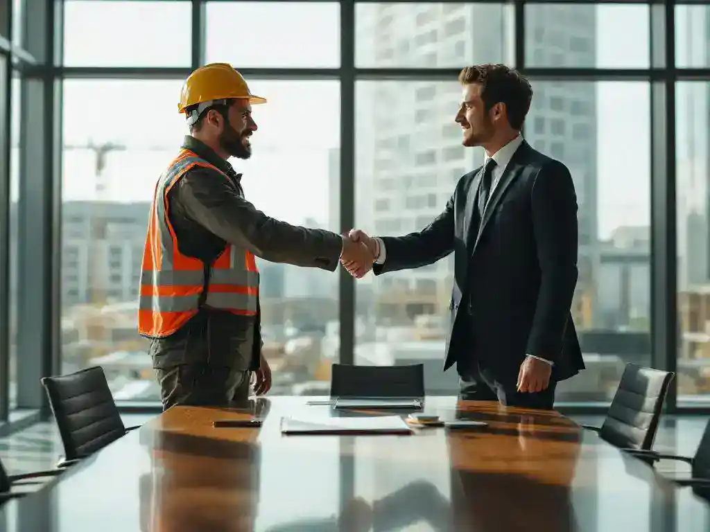 Business professional and construction worker shaking hands in conference room overlooking construction site with documents on table.