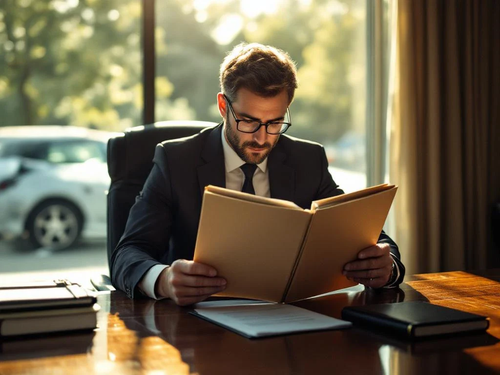 Businessman at desk reviewing insurance and legal documents with damaged car visible through office window