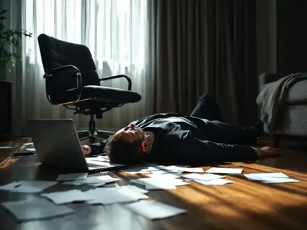 Businessman in dark suit lying injured on hotel room floor beside overturned chair and scattered business documents.