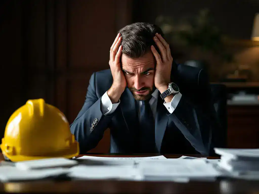 Stressed businessman with head in hands at desk surrounded by legal documents, hard hat and safety manual visible