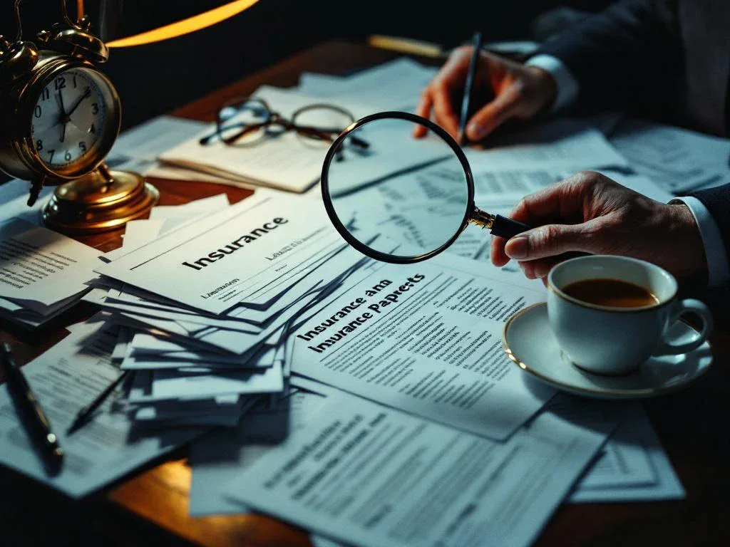 Businessman examining legal documents with magnifying glass on cluttered desk with clock, coffee cup, and reading glasses