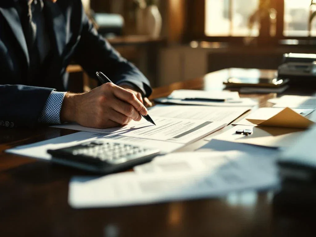 Businessman in navy suit reviewing insurance documents and car key at mahogany desk in sunlit office