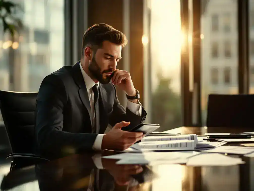 Professional businessperson in suit reviewing financial documents with calculator at conference table, wrist cast visible