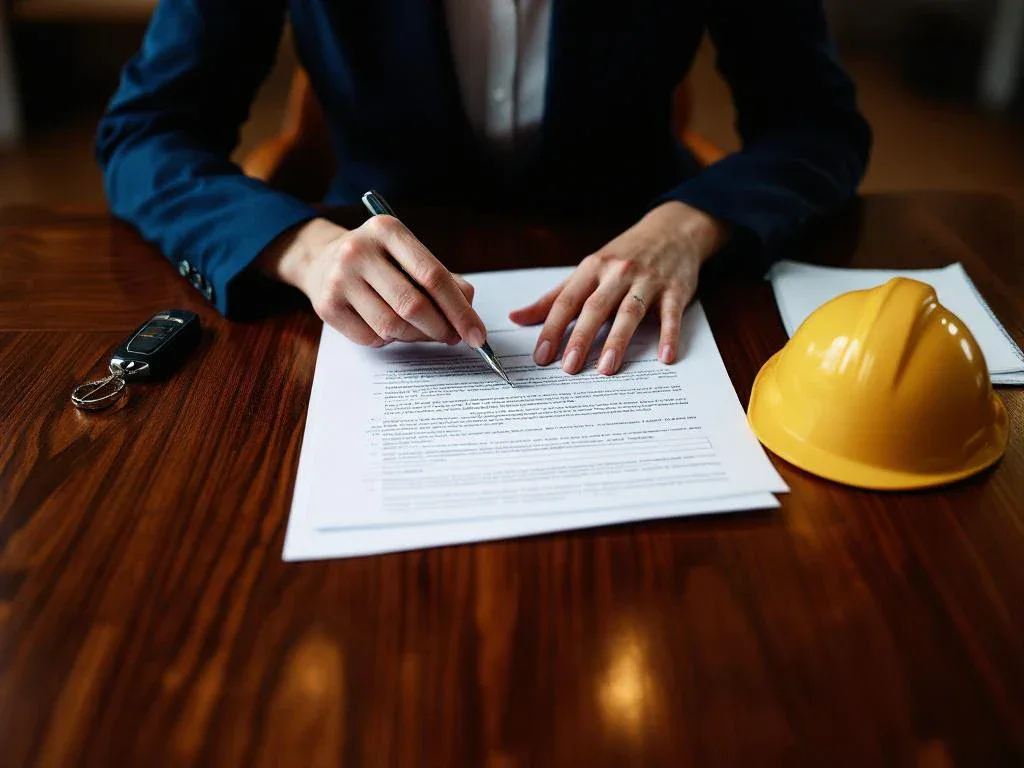 Professional businesswoman in navy suit reviewing legal documents at conference table with car key and hard hat