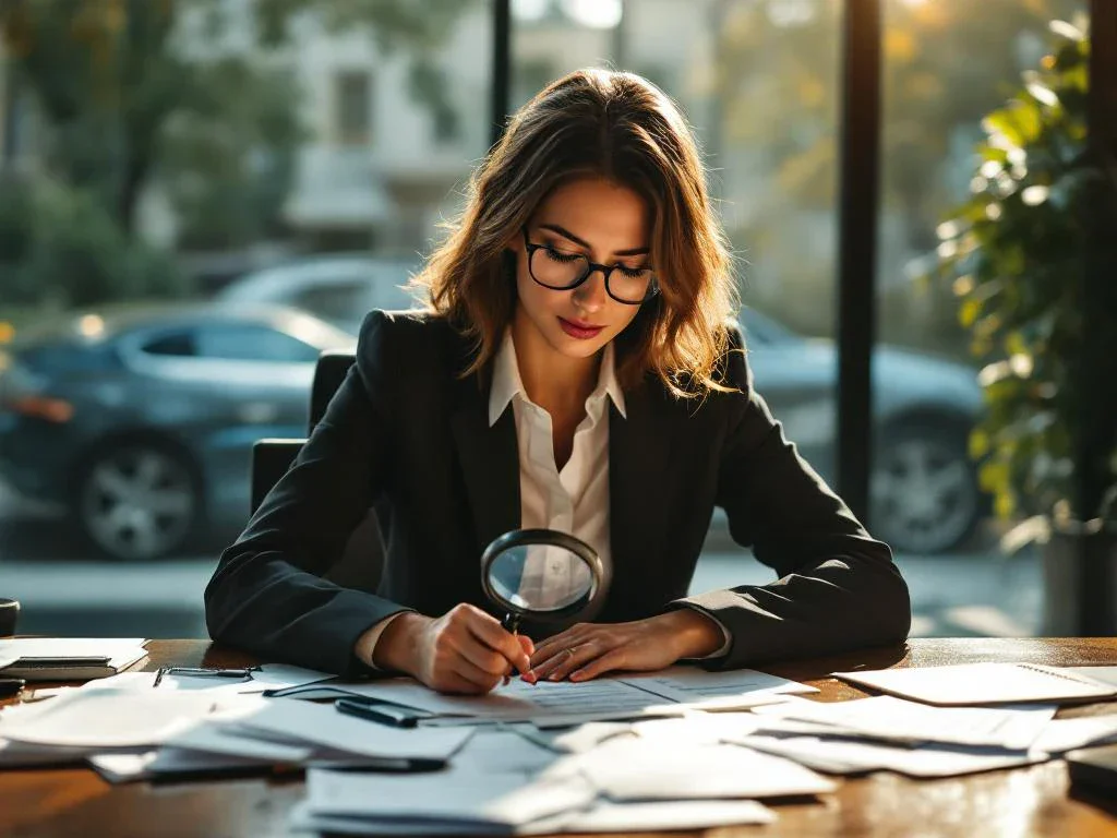 Businesswoman in suit reviewing financial documents with magnifying glass at desk, damaged car visible through window