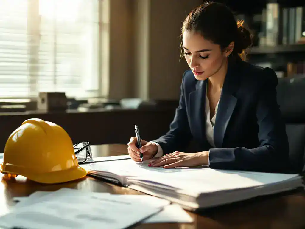 Professional businesswoman in navy suit reviewing legal documents and insurance papers at wooden desk with hard hat nearby
