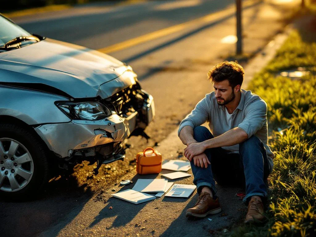Person holding injured shoulder sits on curb next to damaged car with dented bumper and cracked headlight after accident.
