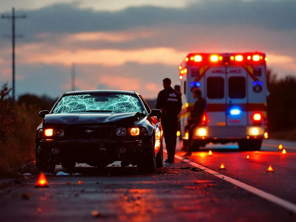 Damaged car with cracked windshield parked roadside near ambulance with flashing lights, paramedic attending to person
