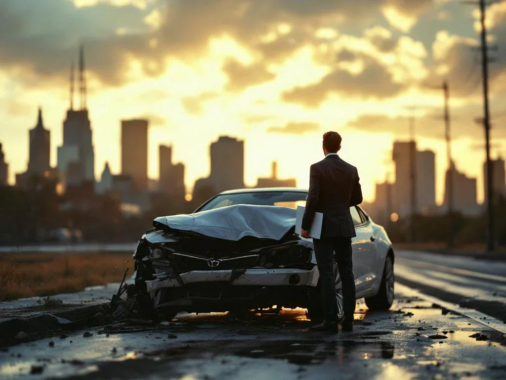 Damaged car with crumpled front end and concerned business person holding documents on wet asphalt during golden hour.