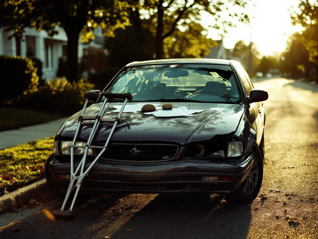 Damaged car with dented bumper and cracked windshield, crutches against door, insurance papers on hood in suburban street