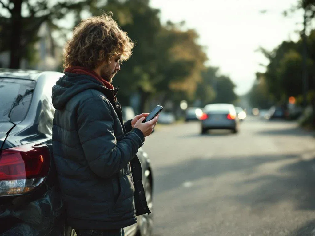 Person with smartphone examining damaged car bumper after accident on suburban street, second vehicle visible in background