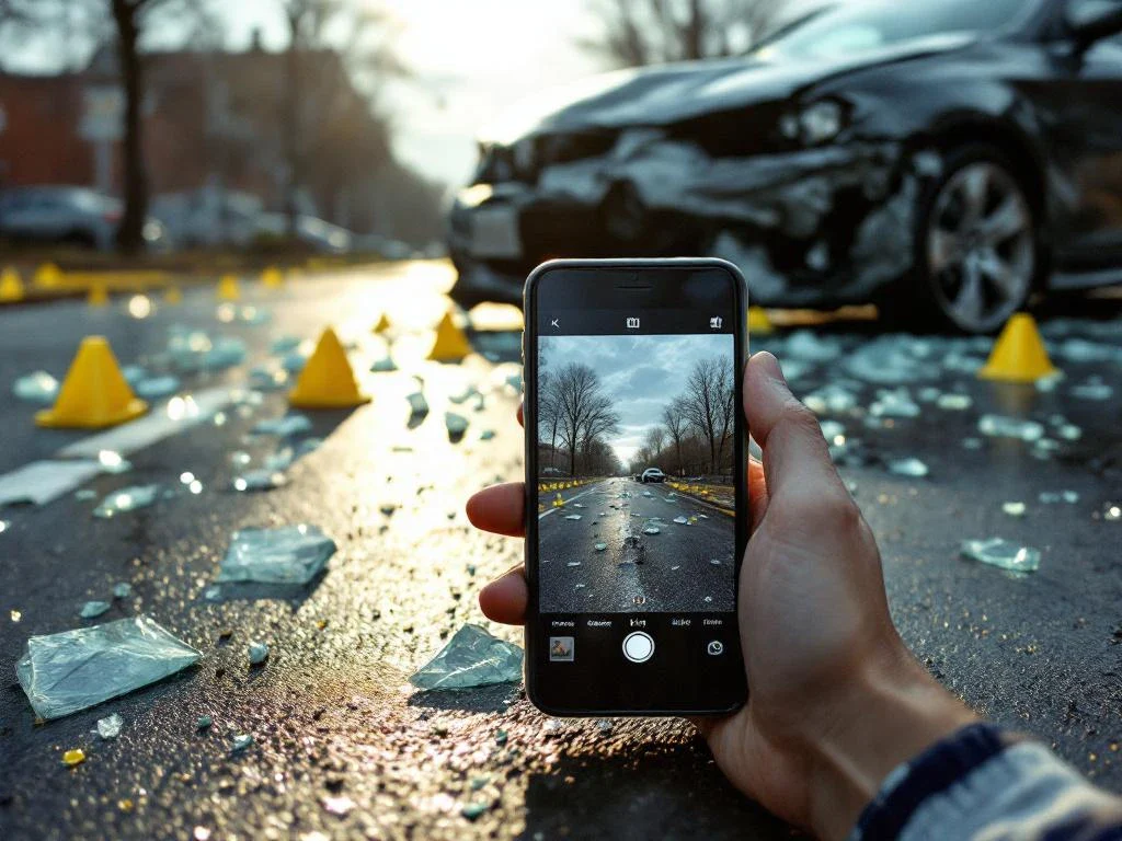 Smartphone photographing damaged car with dents and scratches at accident scene with police evidence markers and glass debris