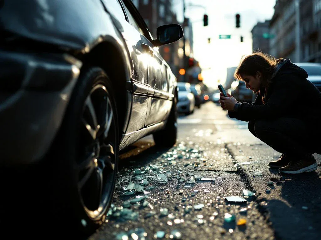 Person documenting car accident damage with smartphone on city street, crouched beside dented vehicle with glass debris