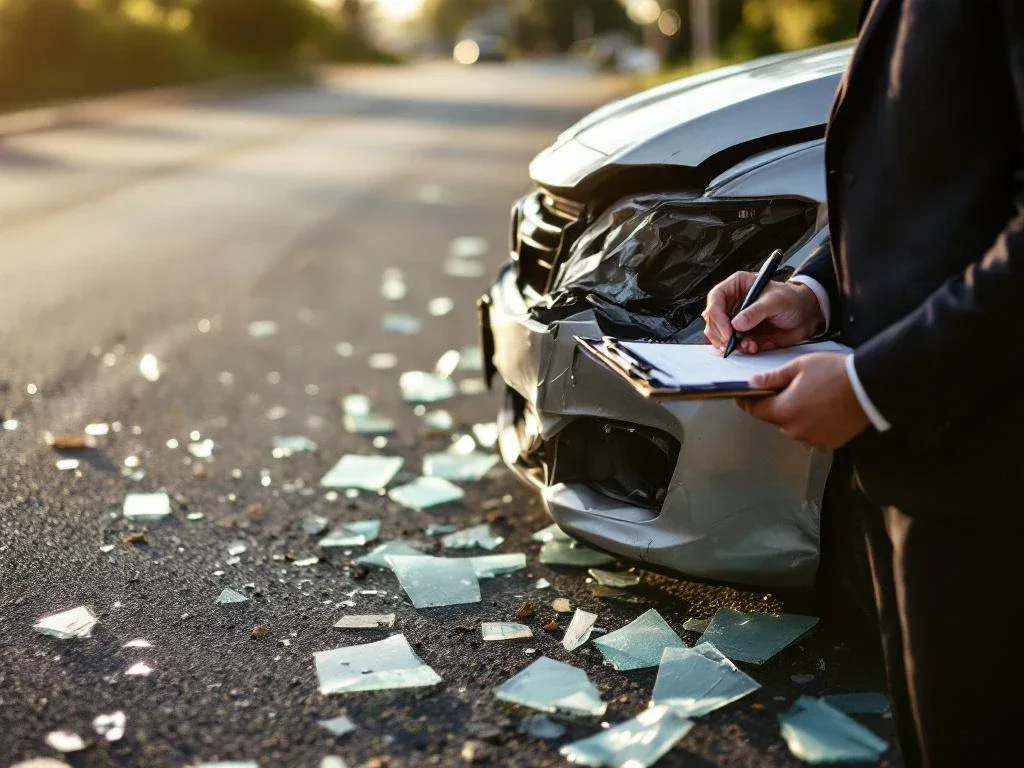Insurance adjuster in suit documenting damaged car with crumpled bumper and scattered glass on quiet street