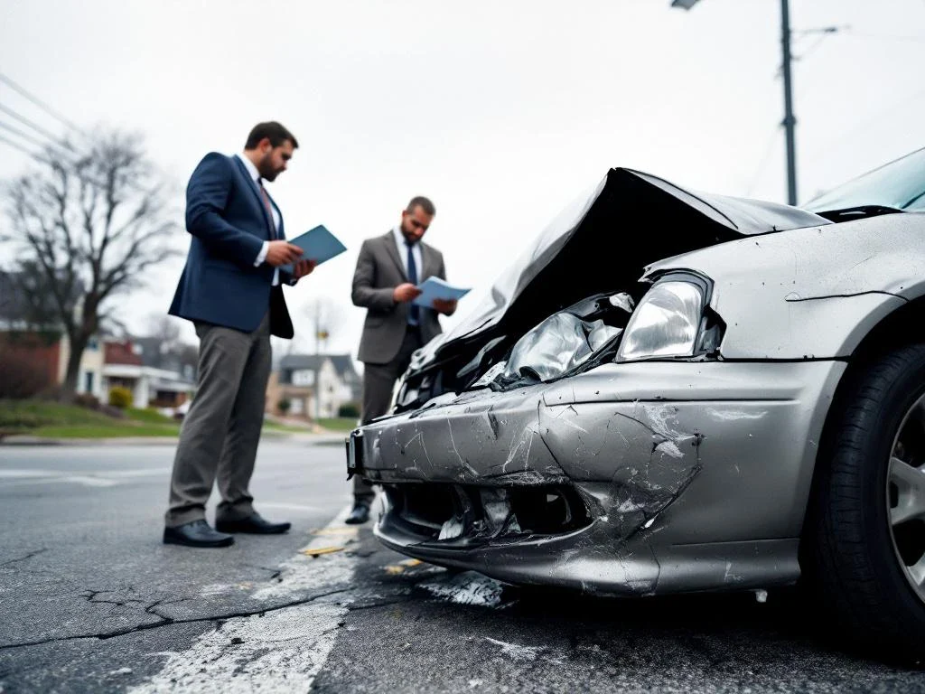Insurance adjusters examining damaged car with dented bumper and scratches at intersection using clipboards and measuring tape.