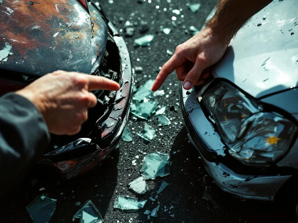 Two damaged car bumpers at point of impact with drivers gesturing in background, glass fragments on asphalt after accident.