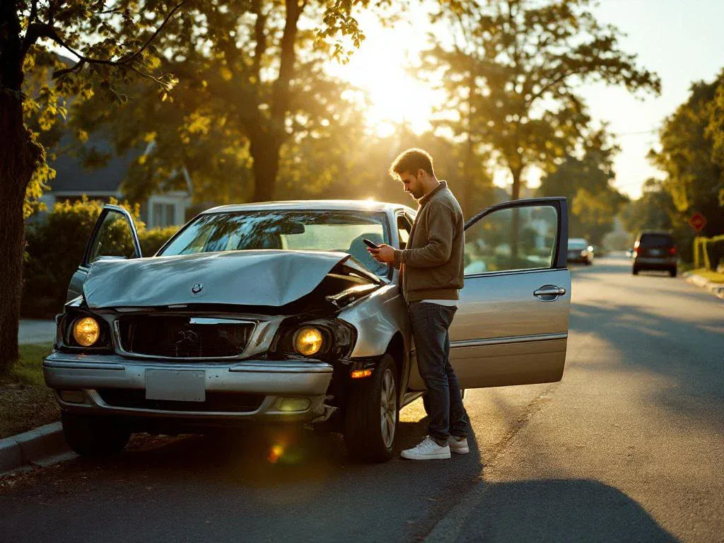 Person with smartphone examining damaged silver car with crumpled bumper on suburban street shoulder, hazard lights on.