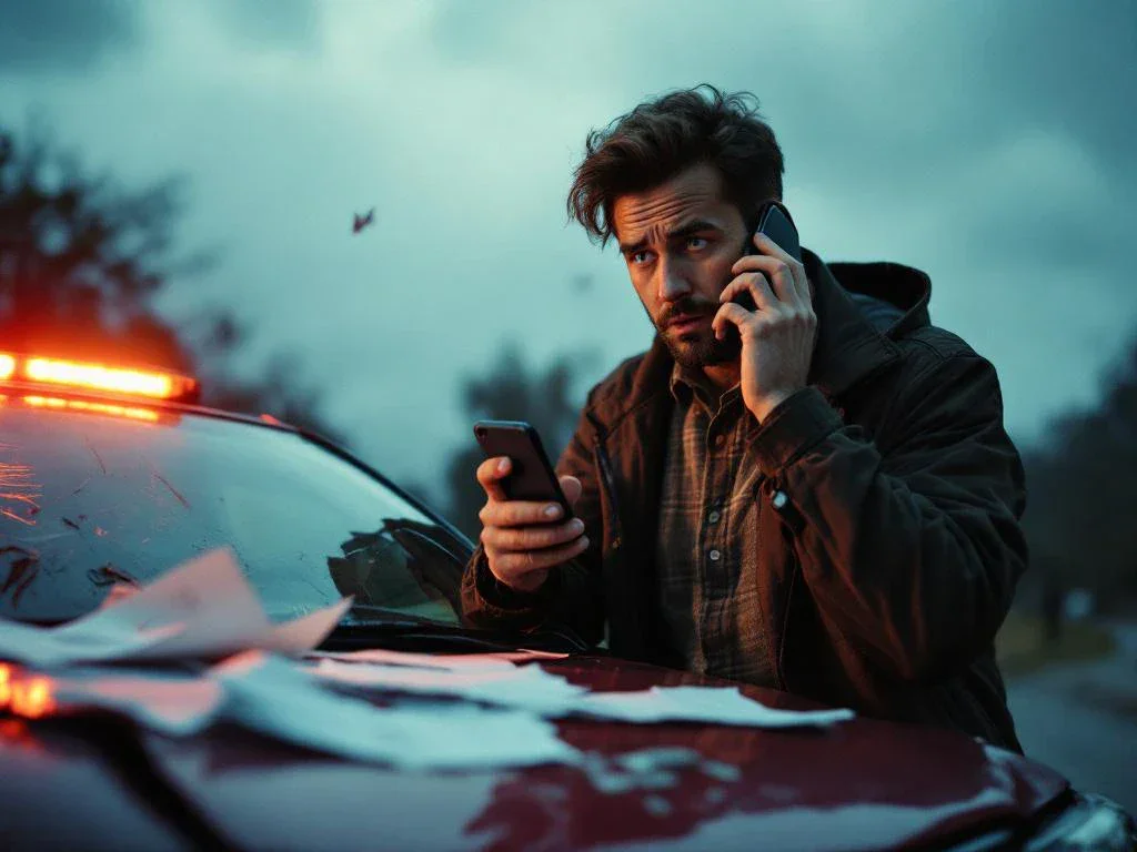 Driver making phone call next to damaged car with crumpled bumper on roadside, papers scattered on hood, hazard lights on