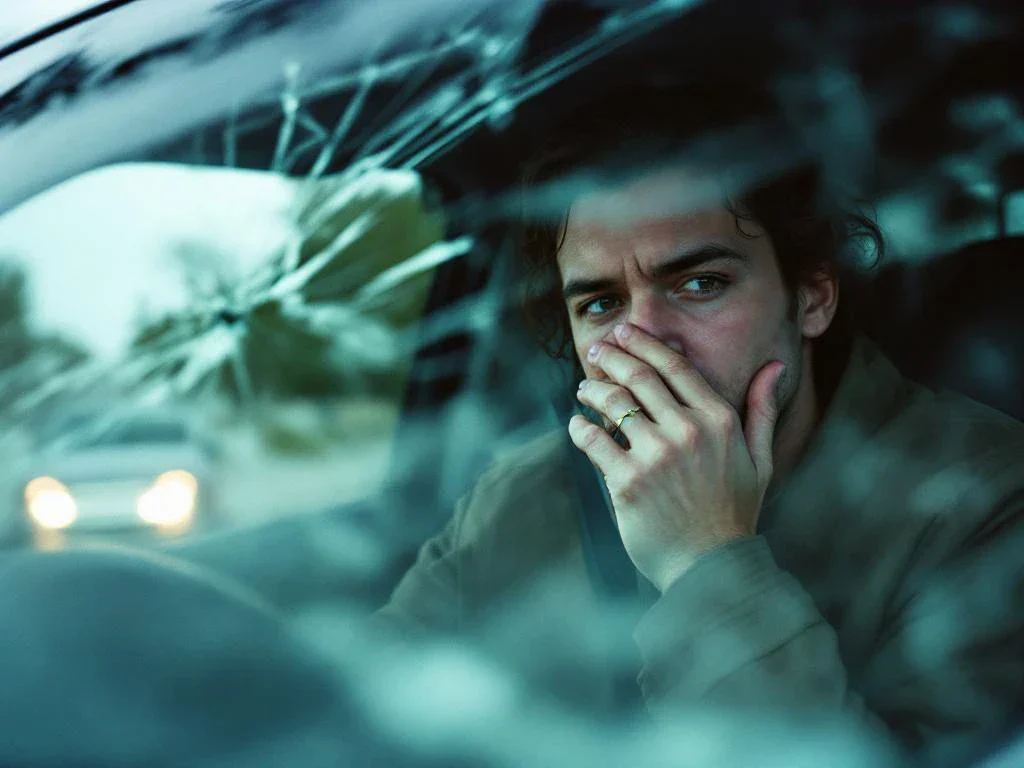 Driver covering mouth with hand sitting in car after fender bender accident with cracked windshield visible