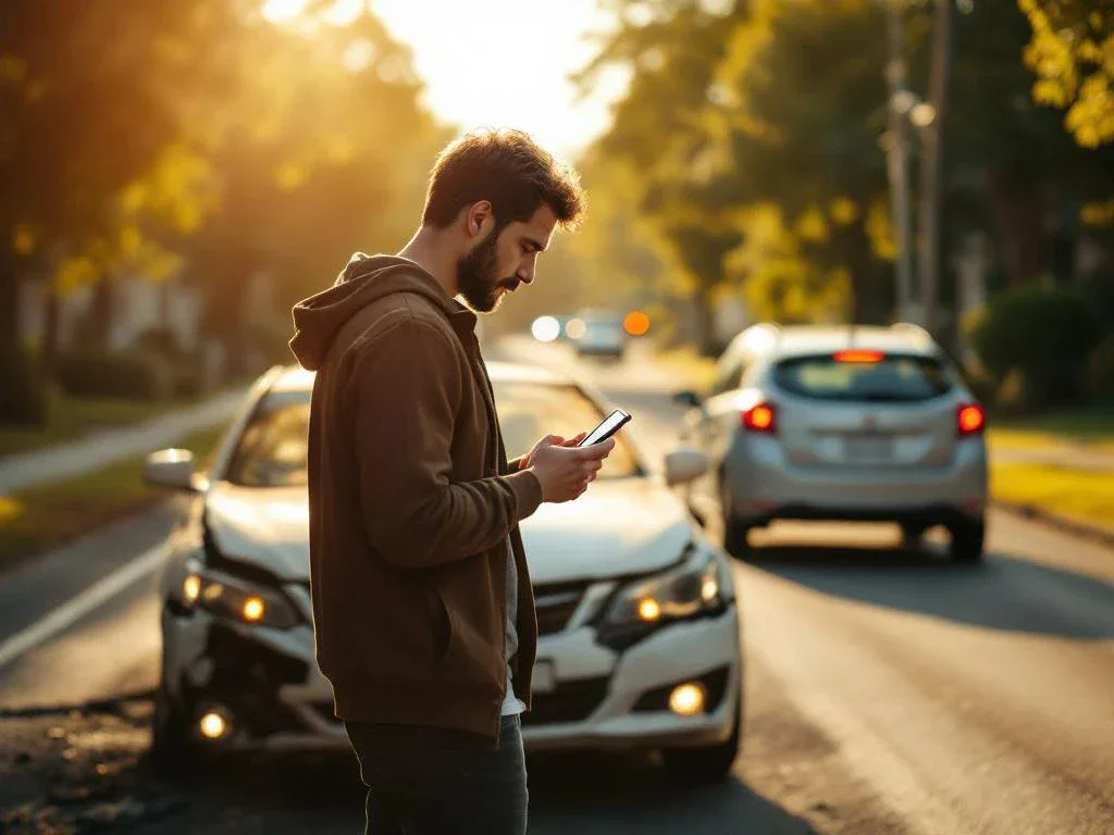 Driver examining damaged car bumper while holding phone after minor collision on suburban street with second vehicle