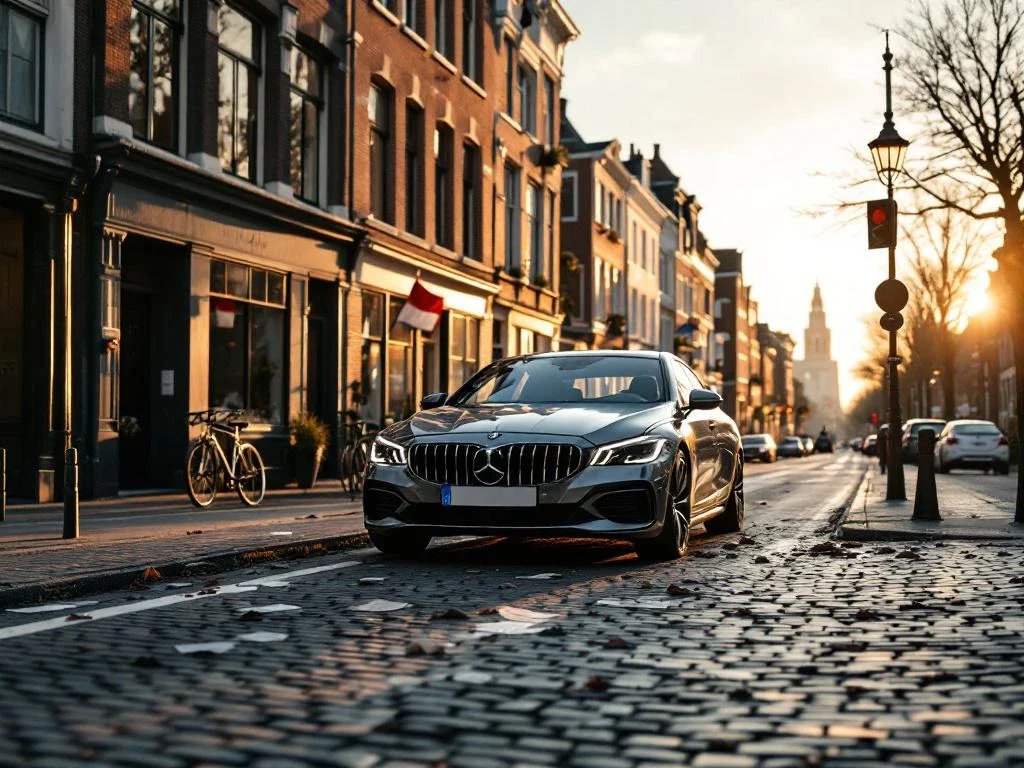 Damaged car with dents at European intersection where Dutch bike lane meets Belgian cobblestone street with scattered legal documents