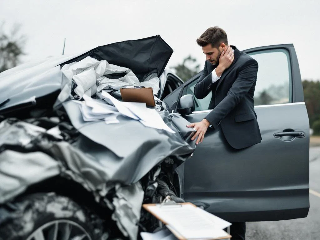 Person in business attire holding neck beside damaged car with deployed airbag and legal documents on hood