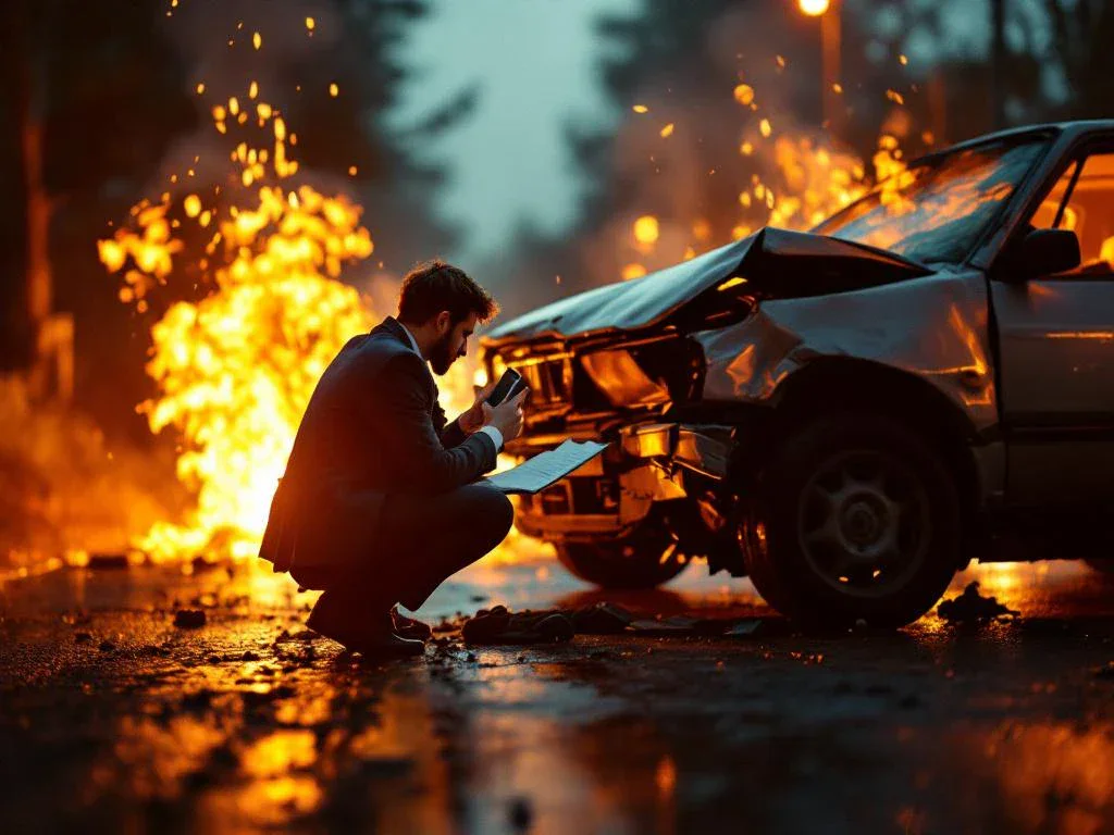 Person in business attire calling insurance company beside damaged car with deployed airbag on wet road at sunset.