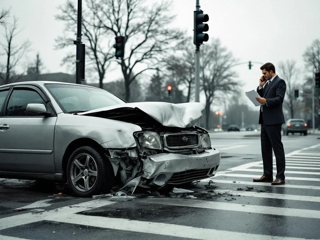 Person in business suit holding insurance documents by phone near damaged car with crumpled bumper at intersection