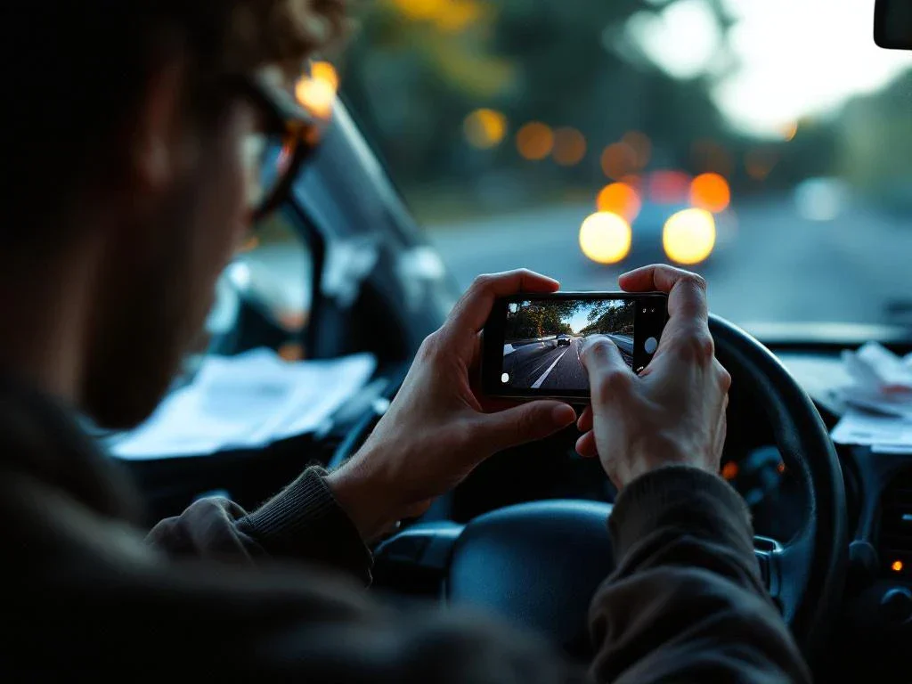 Person in car using smartphone to photograph front bumper damage with insurance documents on dashboard and hazard lights on.