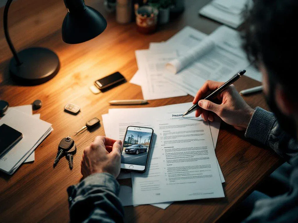 Person organizing car accident insurance documents and forms on wooden desk with smartphone showing vehicle damage