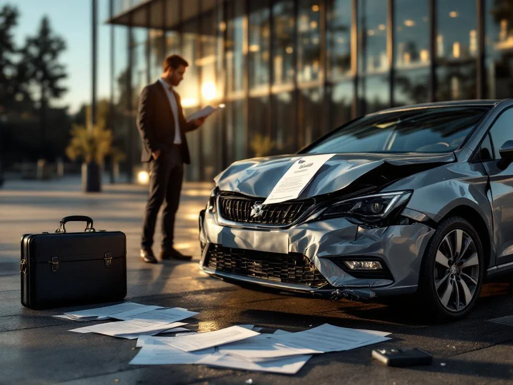 Damaged car with crumpled bumper outside law office, business person reviewing legal documents and insurance papers on hood
