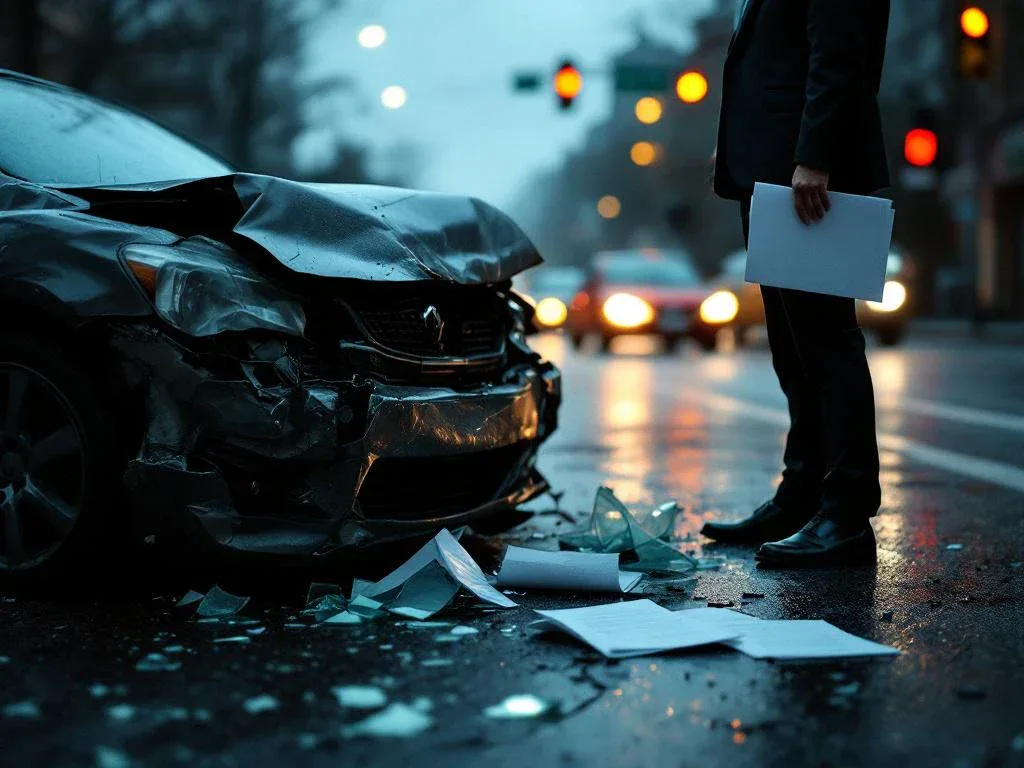 Damaged car with crumpled bumper on street, person in business suit holding legal documents after accident