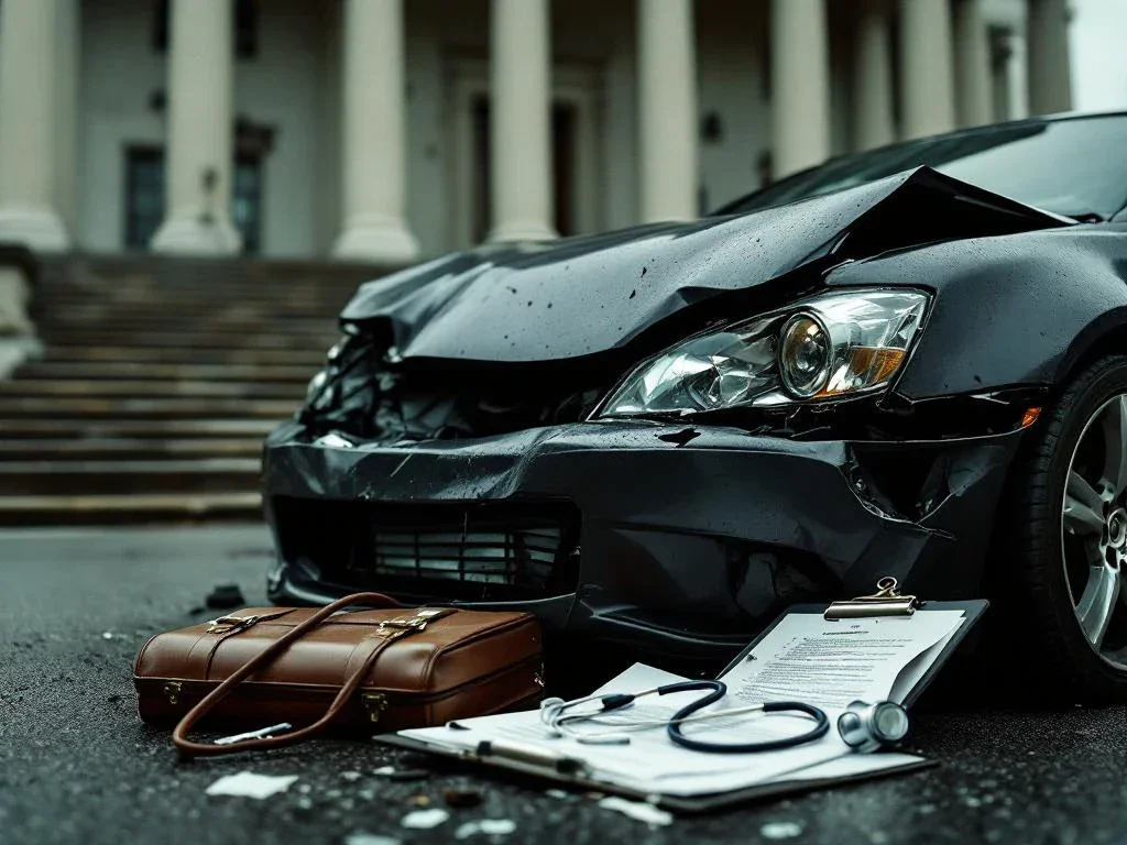 Damaged car with crumpled bumper and shattered headlight, briefcase with legal documents on hood, courthouse steps in background