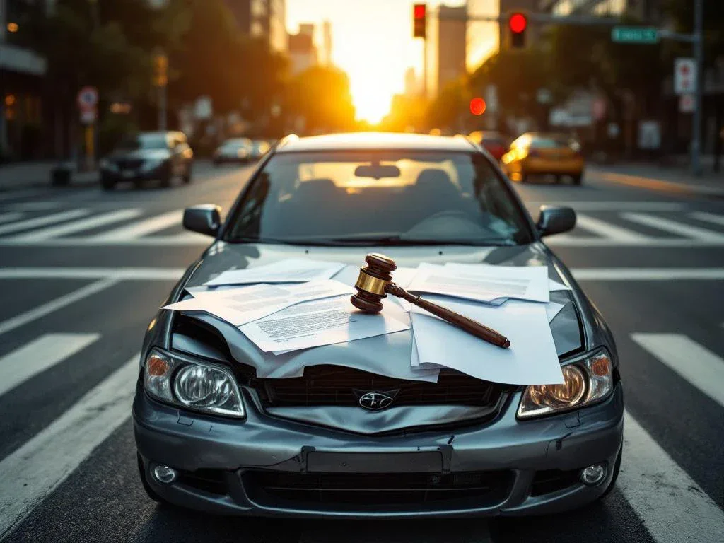 Damaged sedan with crumpled bumper at city intersection, legal documents and gavel on hood, traffic lights overhead