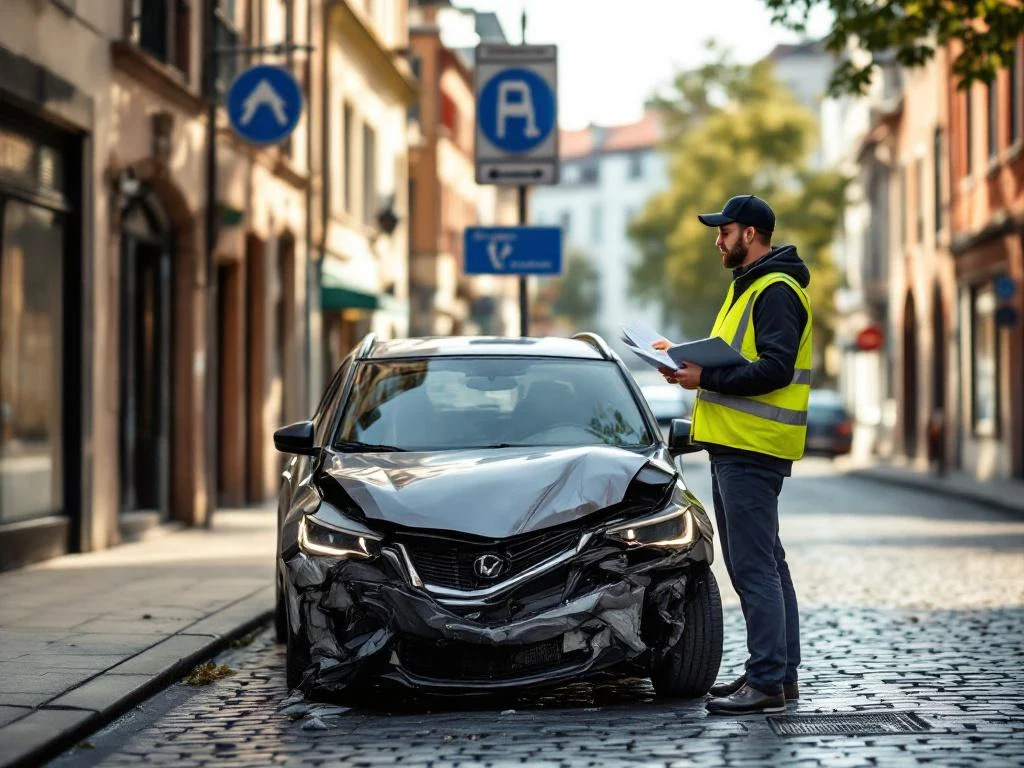 Traffic official in reflective vest assists driver next to damaged car with crumpled bumper on European cobblestone street