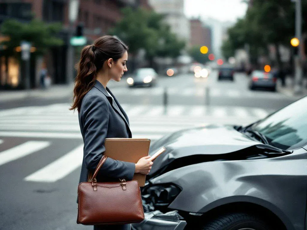 Professional woman in business suit examining damaged car with crumpled bumper at urban intersection, holding clipboard.