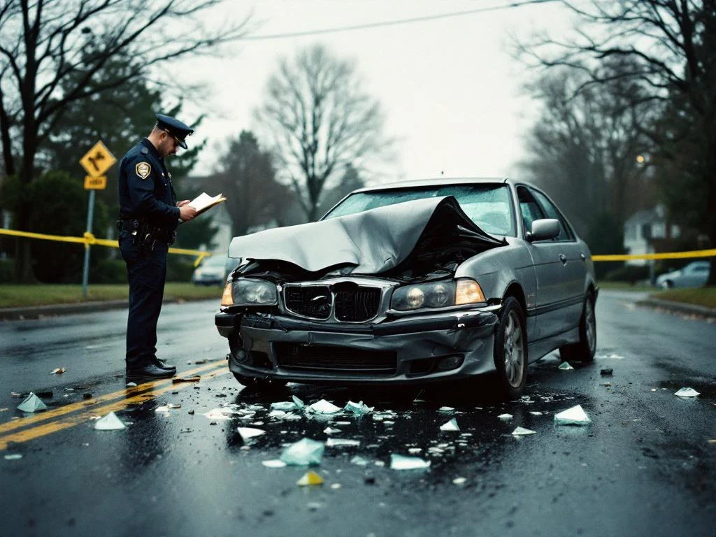 Damaged car with crumpled bumper and deployed airbag at suburban intersection while police officer documents accident scene