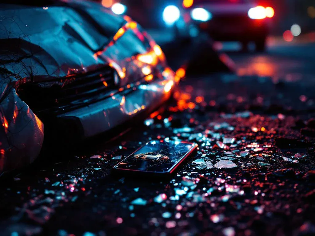 Damaged car with cracked windshield and dented hood at accident scene, smartphone showing crash photos on driver's seat