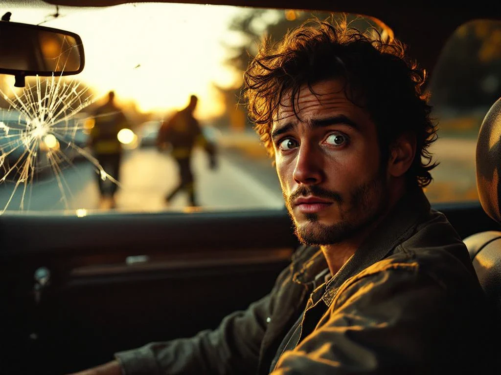 Person with confused expression sits in damaged car with cracked windshield as emergency responders approach during golden hour.