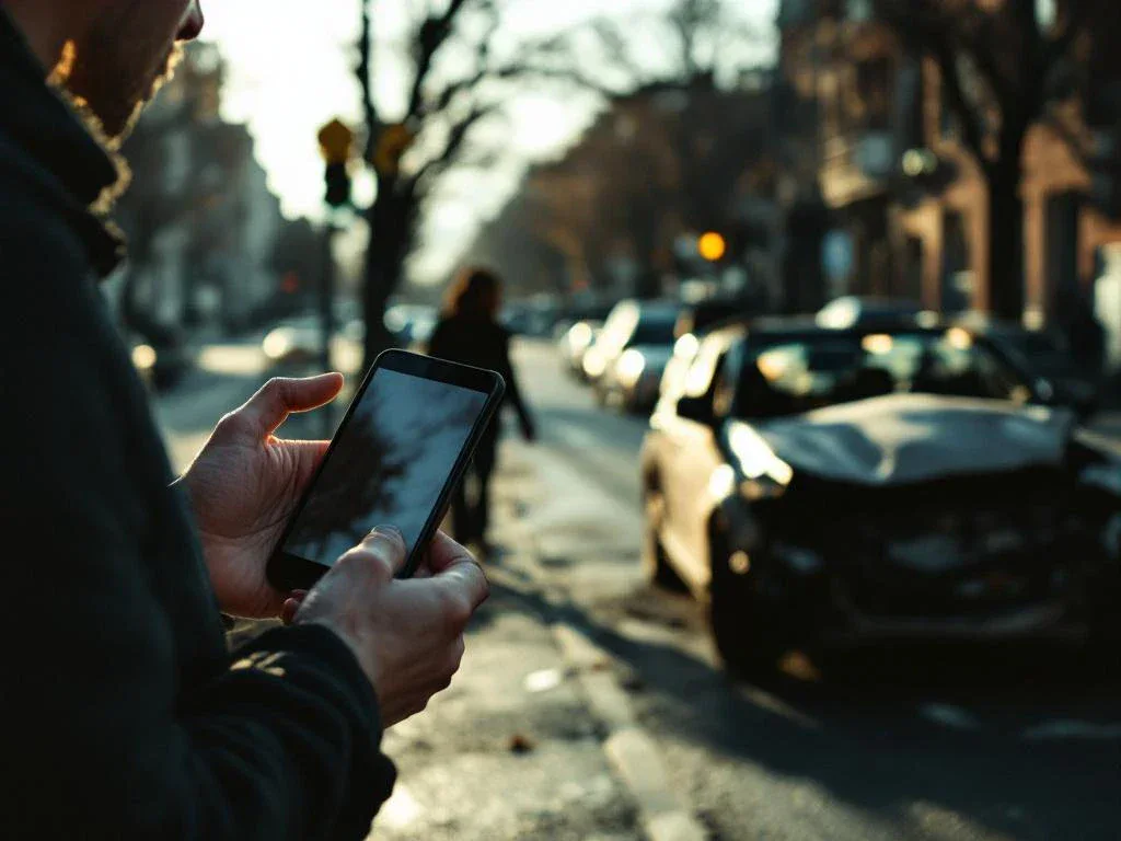 Person holding smartphone near damaged car on urban street, appearing to make emergency call in afternoon light.